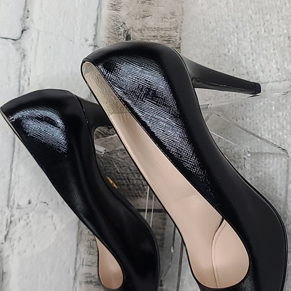 Prada Saffiano Vernice Textured Leather Pointy Toe Stiletto Pumps in Black - Picture 13 of 17